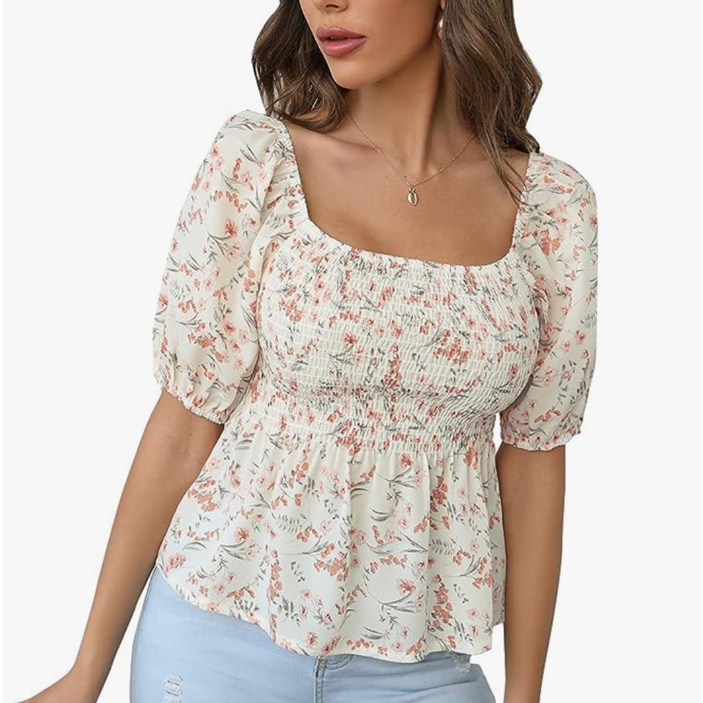 Floral Puff Short Sleeve Square Neck Shirred Ruffle Blouse Top